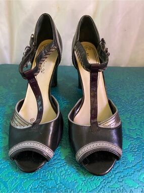 Anthropologie Prima  Black and Silver T-Strap Peep-Toe Heels